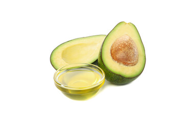 Ripe fresh avocado and oil isolated on white background