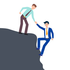 Cartoon character illustration of business friend helping each other. Business man giving hand to climb from problem. Flat design concept isolated on white.