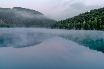 Green looking lake with trees over the early misty morning water in the touristic Belgian Ardennes