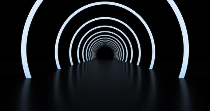 Tunnel of glowing arcs. 3D render. Looped video of moving through.