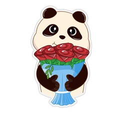 Obraz premium Cute panda bear teddy holding a bouquet of flowers in his hands.