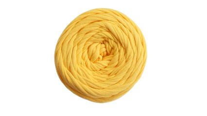 T Shirt yellow yarn with a ball of yarn as craft supplies and hand knitting pattern or knitting texture on white background