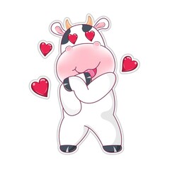 Cute cartoon lovely cow with red hearts isolated on a white background.