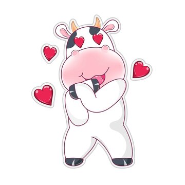 Cute cartoon lovely cow with red hearts isolated on a white background.