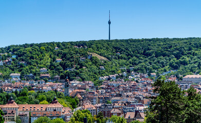 Beautiful Stuttgart city panorama viewpoint shot with the TV Tower houses seen from Karlshöhe