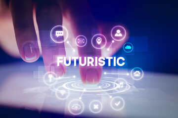 Finger touching tablet with web technology icons and FUTURISTIC inscription, web technology concept