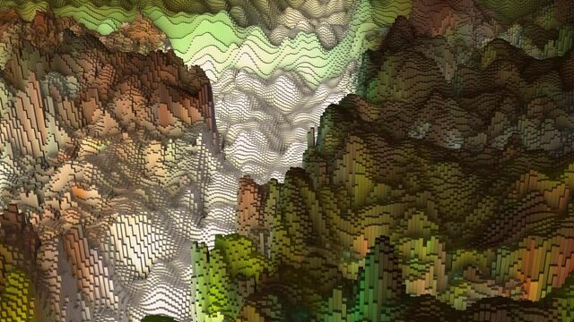 Flying over an abstract landscape of colorful animating 3D cubes, ideal as a background for an intro or presentation
