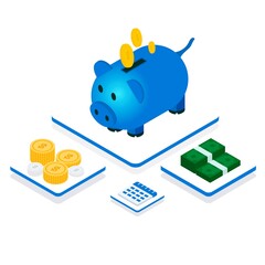 Isometric money pig saving illustration concept. Illustration for websites, landing pages, mobile applications, posters and banners