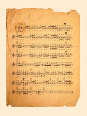 Music sheet background, old vintage paper texture, retro musical staff page, broken edges