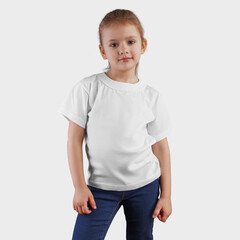Mockup of a white T-shirt on a smiling child in blue jeans, presentation of children's clothing for design and pattern.