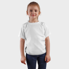 Template children's blank clothes for design presentation and logo, a white T-shirt on a cute kid for advertising.