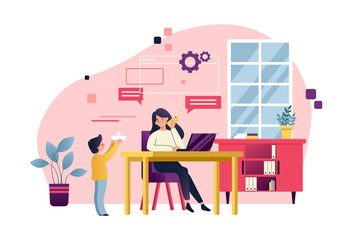 Mother freelancer. Raising child and working home on laptop. Home office. Remote worker, employee schedule, flexible schedule concept. Stress, disadvantages of working from home. Vector illustration.