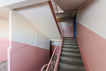 Russia, Moscow- January 27, 2020: interior public place, house entrance. doors, walls, corridors staircase