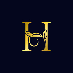 Luxury H Initial Letter Logo gold color, vector design concept ornate swirl floral leaf ornament with initial letter alphabet for luxury style