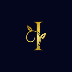 Luxury I Initial Letter Logo gold color, vector design concept ornate swirl floral leaf ornament with initial letter alphabet for luxury style