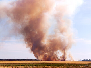 Fototapeta na wymiar The fire and heavy smoke in the desert near the settlement during drought