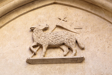 Urbino, Italy - March 24, 2019:  facade of the Oratory of San Giovanni Battista in Urbino