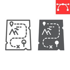 Cartoon map line and glyph icon, video games and treasure, adventure game sign vector graphics, editable stroke linear icon, eps 10.