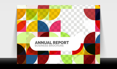 Horizontal A4 business flyer annual report template, circles and triangle style shapes modern geometric design for brochure layout, magazine or booklet