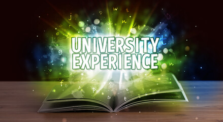 UNIVERSITY EXPERIENCE inscription coming out from an open book, educational concept