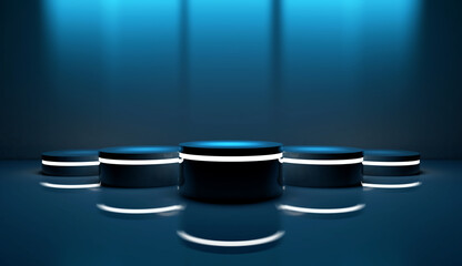 Winning podium for product, dim lighting, bluish tones