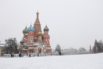 Moscow / Russia - February 17,  2017: Saint Basil's Cathedral is a very important iconic landmark of Russia where is located at Red square near Kremlin Palace  