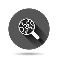 Loupe with gear icon in flat style. Magnifying glass vector illustration on black round background with long shadow effect. Seo exploration circle button business concept.
