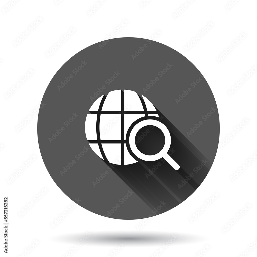 Aufkleber globe search icon in flat style. network navigation vector illustration on black round background wi