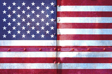 American flag on metal panels with rivets metal background. 3d