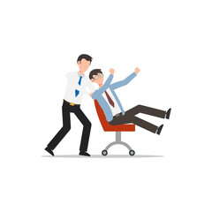 Cartoon character illustration of employee worker staff office playing together with pushing chair. Flat design isolated on white background. Can be used for websites, web design, mobile app.