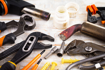 Different tools on the old background.