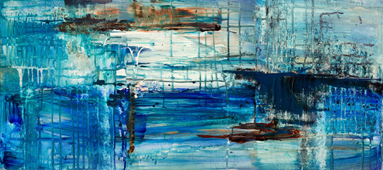 Abstract acryl background painting in shades of blue, reminiscent of a sea with some boats. 