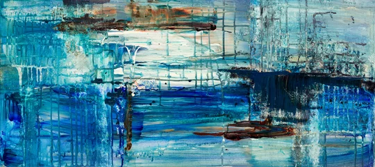 Fotobehang Abstract acryl background painting in shades of blue, reminiscent of a sea with some boats.  © kramarek