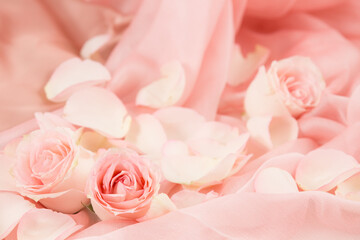 pink rose flowers on soft silk - wedding, holiday and floral background styled concept, elegant...