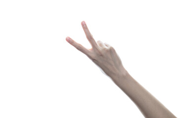 Woman hand with victory sign on white isolated background.
