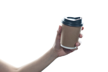 Woman hand holding a brown coffee paper cup isolated on white background.