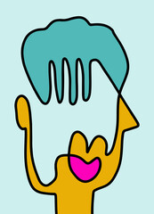 Modern Abstract Face Portrait. Linear Ink Brush Contemporary Continuous Painting. Fashion Style Vibrant colors Abstraction Poster. Vector Illustration Clipart.