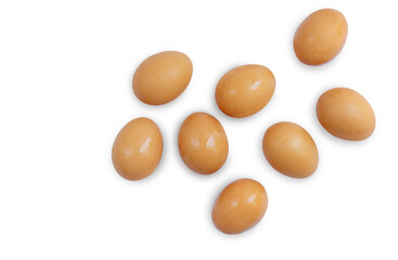 Top view brown eggs or chicken eggs, freely placed on white background, eggshell has a little moisture. Clipping path in file.
