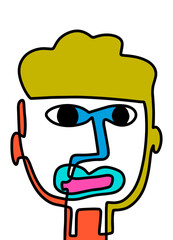 Modern Abstract Face Portrait. Linear Ink Brush Contemporary Continuous Painting. Fashion Style Vibrant colors Abstraction Poster. Vector Illustration Clipart.