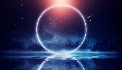Futuristic night landscape with abstract landscape and island, moonlight, shine. Dark natural scene with reflection of light in the water, neon blue light. Dark neon  background.