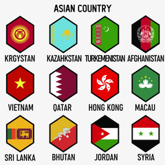 Vector illustration all flags of Asia. All countries of Asia, unique hexagon shape flags