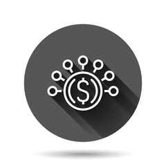 Money revenue icon in flat style. Dollar coin vector illustration on black round background with long shadow effect. Finance structure circle button business concept.
