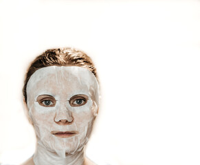a girl in a trance mask for wrinkles and for smoothness and youthfulness of skin nutrition. restoration and hydration 