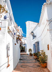 A narrow alley with white houses and lots of green plants, typical view in the famous white villages, 'pueblos blancos', in Andalucia, Spain.