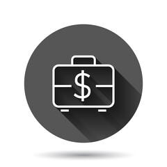 Obraz premium Money briefcase icon in flat style. Cash box vector illustration on black round background with long shadow effect. Finance circle button business concept.