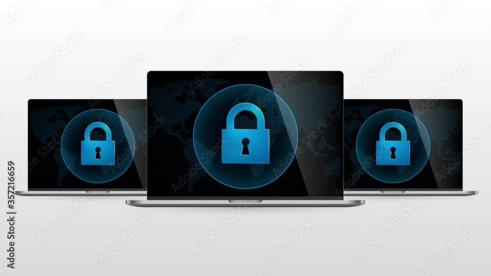 Poster digital world laptop device is locked for protection. realistic laptop monitor with lock symbol in s