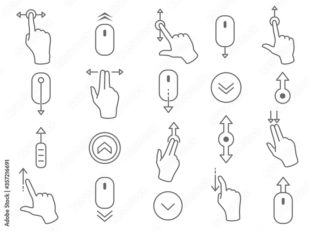 Poster line scroll gesture icons for user interface. linear symbols as scrolling mouse, touchscreen gesture