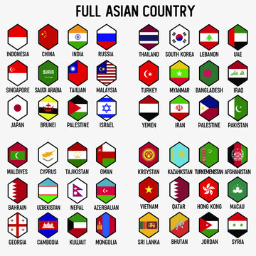 Vector illustration all flags of Asia. All countries of Asia, unique hexagon shape flags