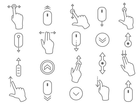 Line scroll gesture icons for user interface. Linear symbols as scrolling mouse, touchscreen gesture, back to top, scrolled down and page navigation for application or device vector illustration.
