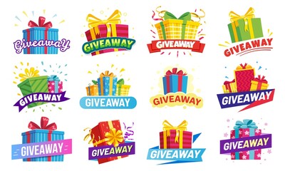 Obraz premium Giveaway banner, prize in colorful boxes with ribbons. Special offer for gift winner in contest. Present or reward in competition. Announcement or social media post vector illustration.